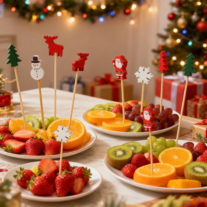 100Pcs Christmas Disposable Bamboo Skewers Santa Xmax Tree Fruit Fork Buffet Dessert Cocktail Sticks Christmas Decoration 2025