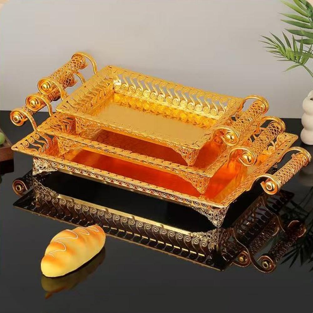 European Style Fruit Plate Design Metal Cake Tray With Rectangular Hand Held Golden Food Fruit Tray For Home Wedding Decoration