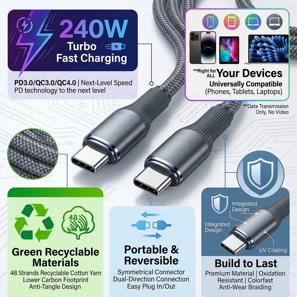 Type C To Type C PD Fast Charging Cable Type C 1M Extending Data Cable for iPhone 17 16 Pro Max Huawei Xiaomi Samsung