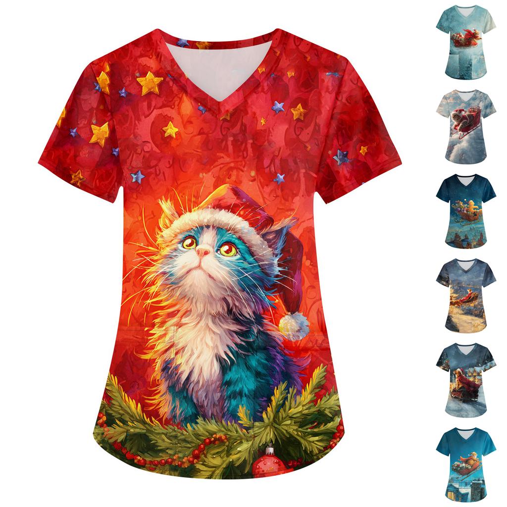 Women's Printing Uniform Work Uniform V-neck Pockets Basic Short Sleeve Pullover Top