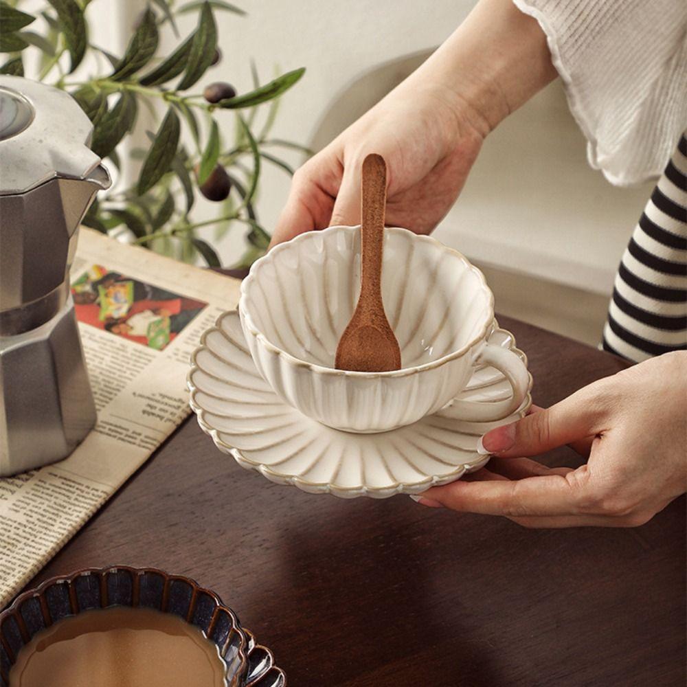 Exquisite Ceramic Coffee Cup Plate Set Flower Shaped Pottery Drinkware Set  Household Use