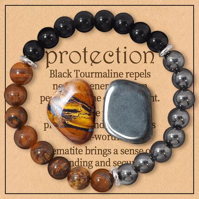 3pcs/set Triple Protection Bracelets, Tiger Eye, Obsidian and Hematite 8mm Round Beaded Protection Bracelet, Elastic Bracelet