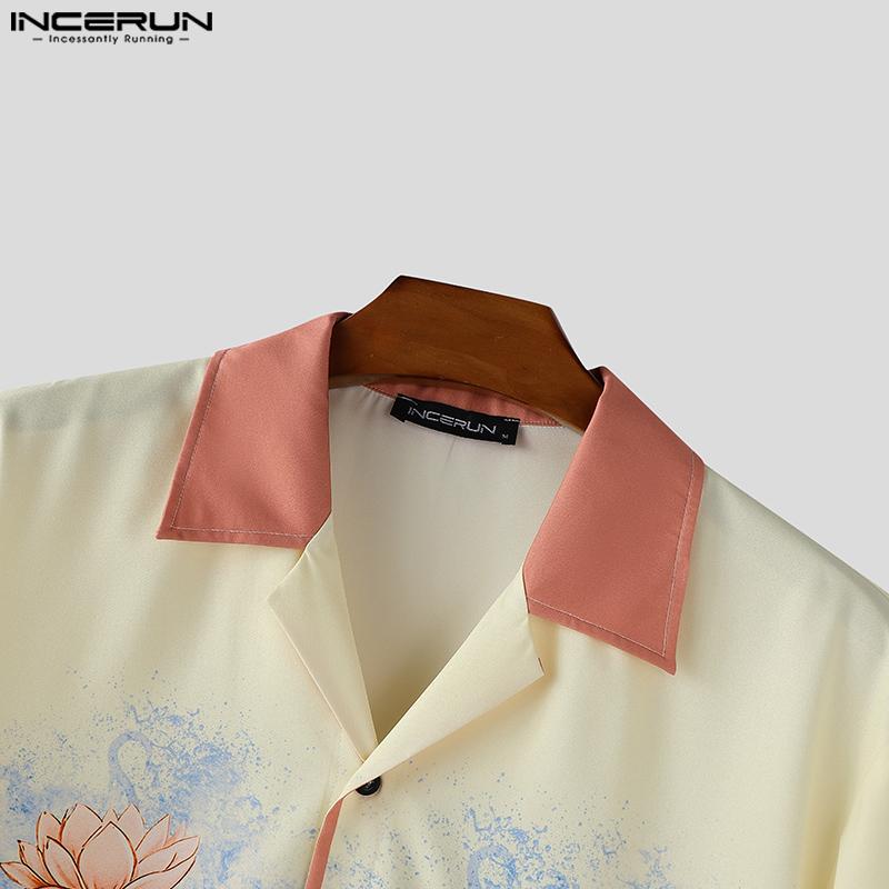 INCERUN Oversized Men Stitching Casual Loose Short Sleeve Print Shirts Tops