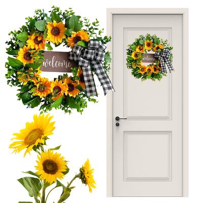 Couronne de tournesols de 43 cm avec inscription « Bienvenue », couronne artificielle de printemps et d'été pour porte d'entrée, décoration murale ou de fenêtre