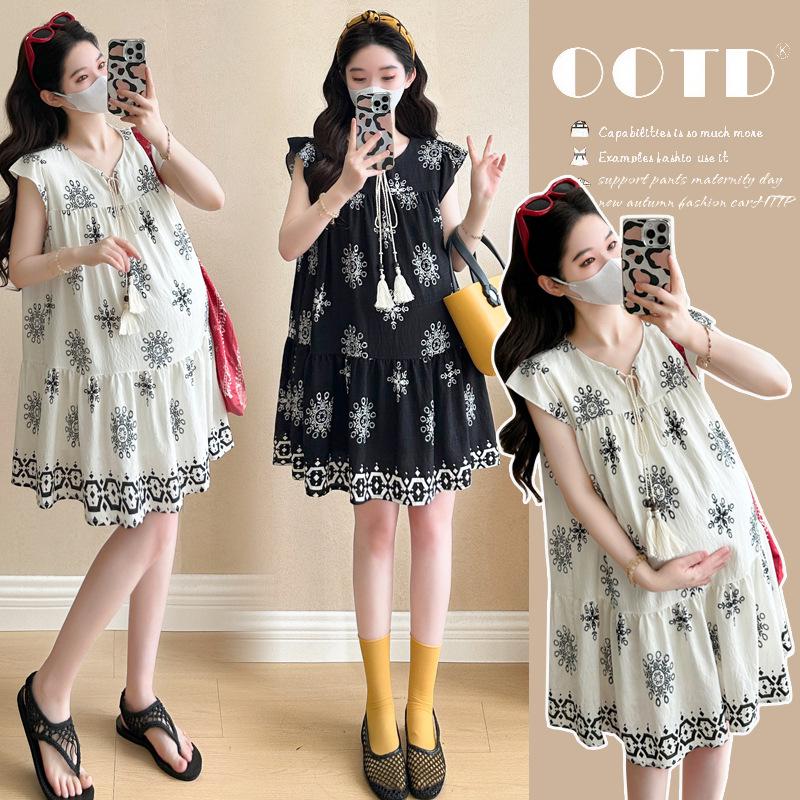 2026 Summer Floral Maternity Lace-up Dress: Stylish, Loose-Fit, Belly-Covering Skirt with Round Neck. M абрикосовый