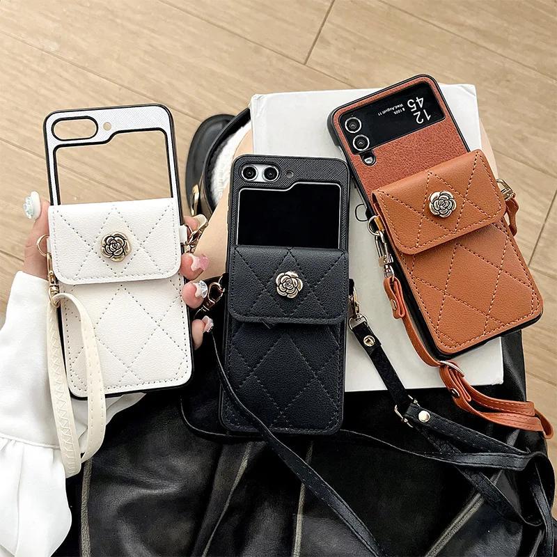 Crossbody Lanyard Phone Case for Samsung Galaxy  Z Flip 5 4 3 5G Flip5 Flip4 Flip3 Wallet with Card Holder PU Leather Cover