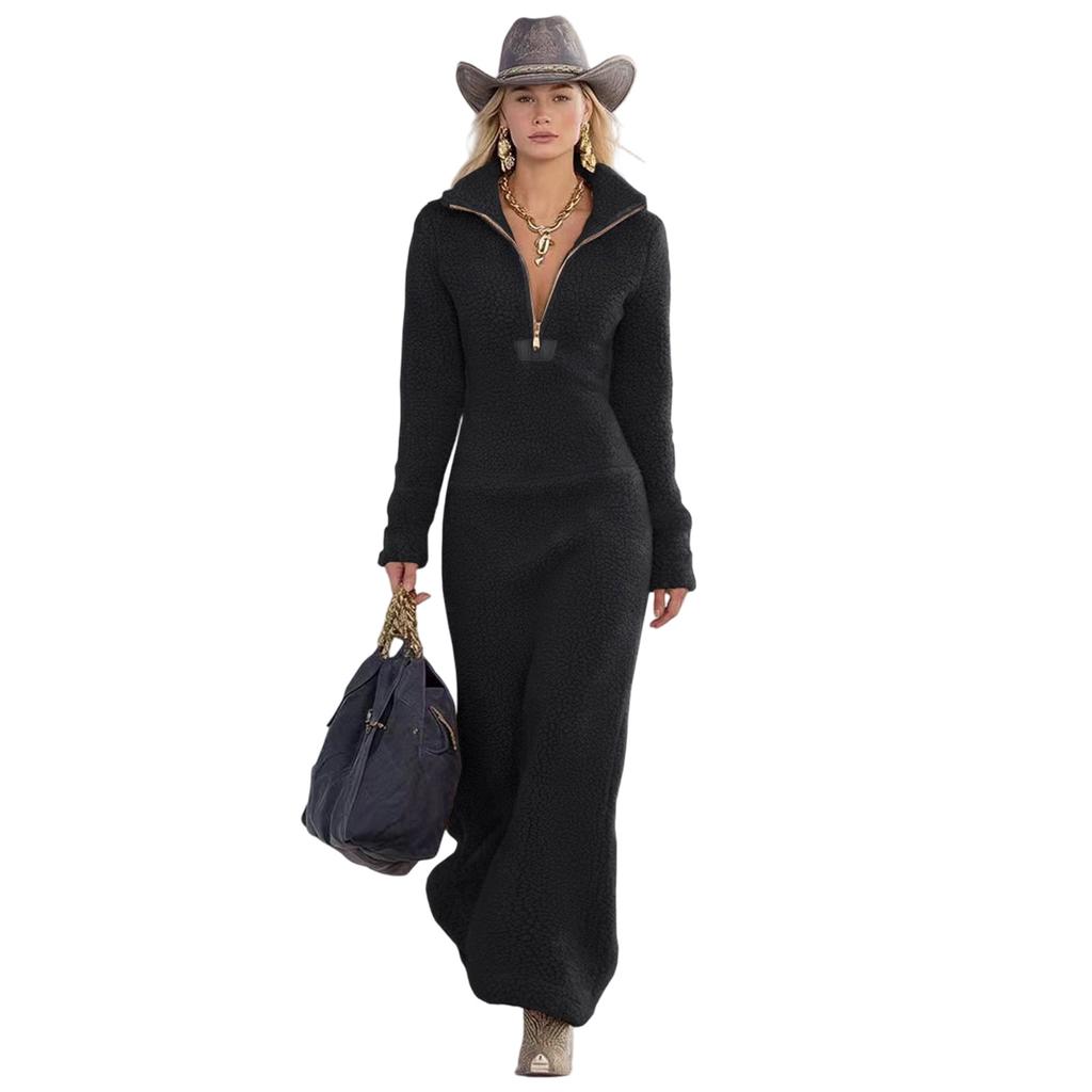 Women's Fashionable Casual Solid Color Fleece Zipper Winter Slim Fit Long Sleeve Dress