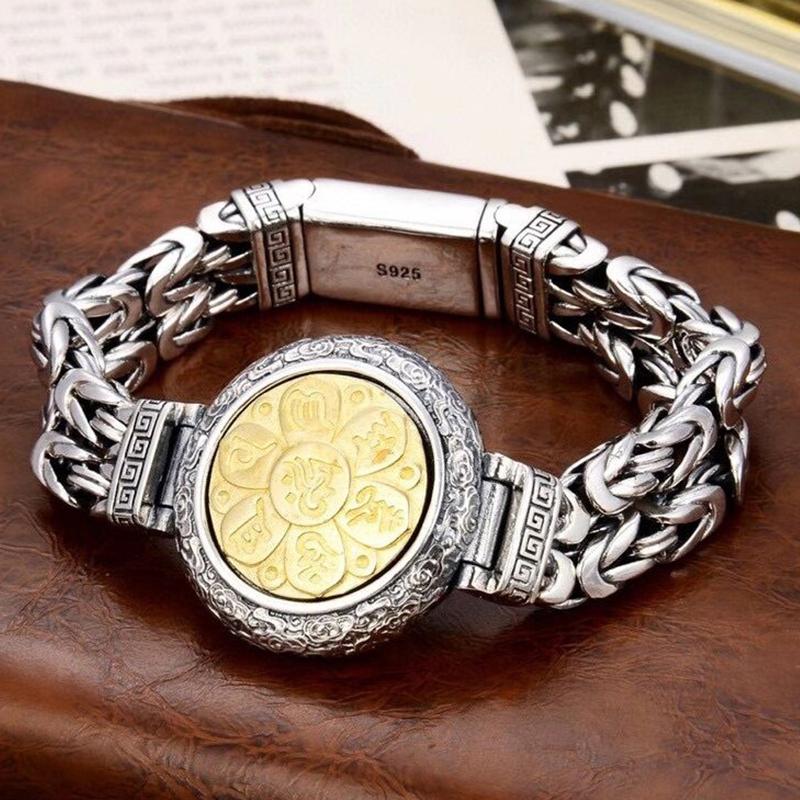 RetroSen New Silver Men's Vintage Peace Pattern Six-character Mantra Personality Rotatable Auspicious Clouds Turntable Bracelet