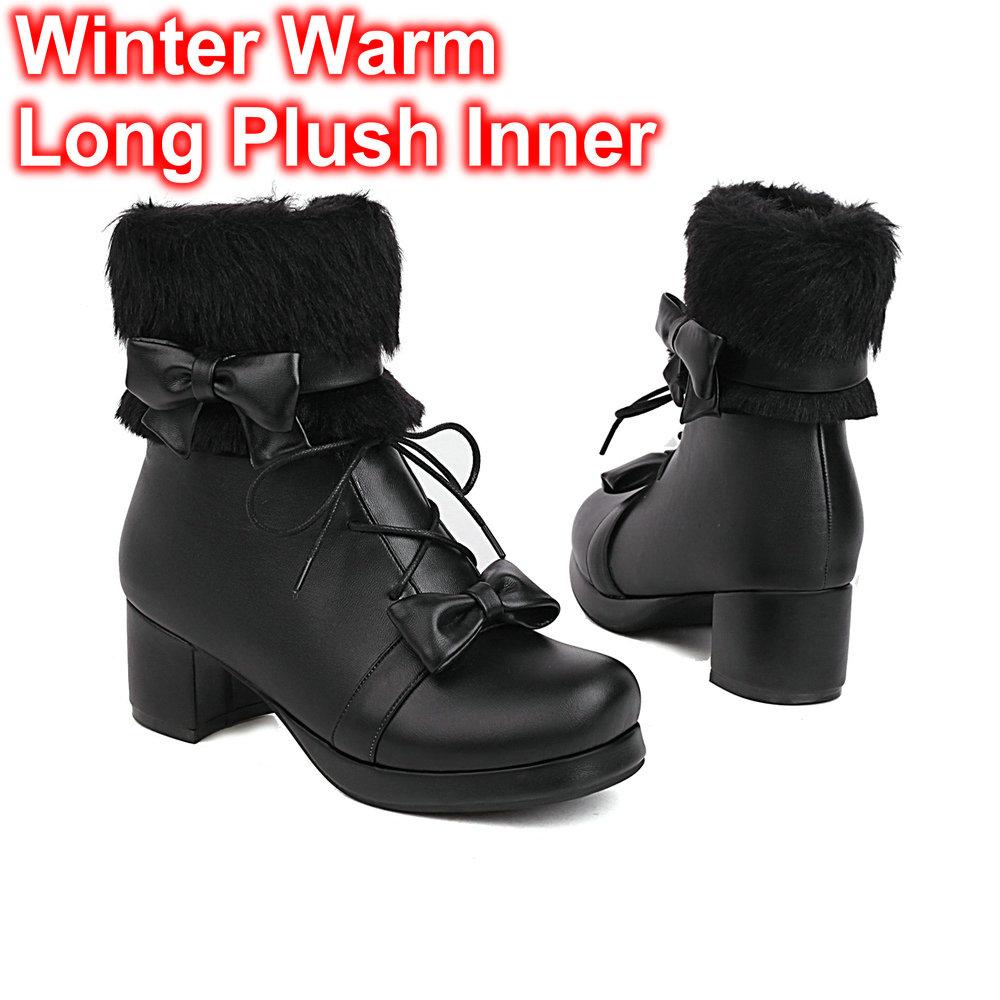 Pu Winter Japanese Lolita Boots Fluffy Round Toe Kawaii Anime Cosplay Women Shoes Lolita Ankle Boots Plus Velvet Warm Loli Boot