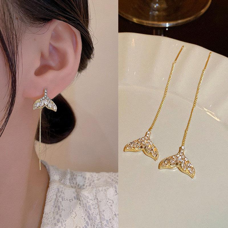 Fashion Long Tassel Ear Line Earrings For Women Korean Temperament Crystal Fish Tail Drop Earrings Girls Daily Party Jewelry