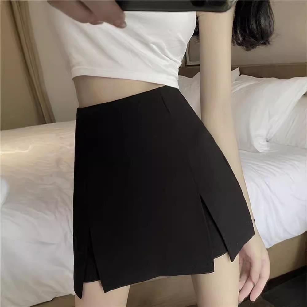 Korean Style High Waist Black Bodycon A-line Skirt with Hip Wrap, Autumn Women's Split Design, Plus Size Available.