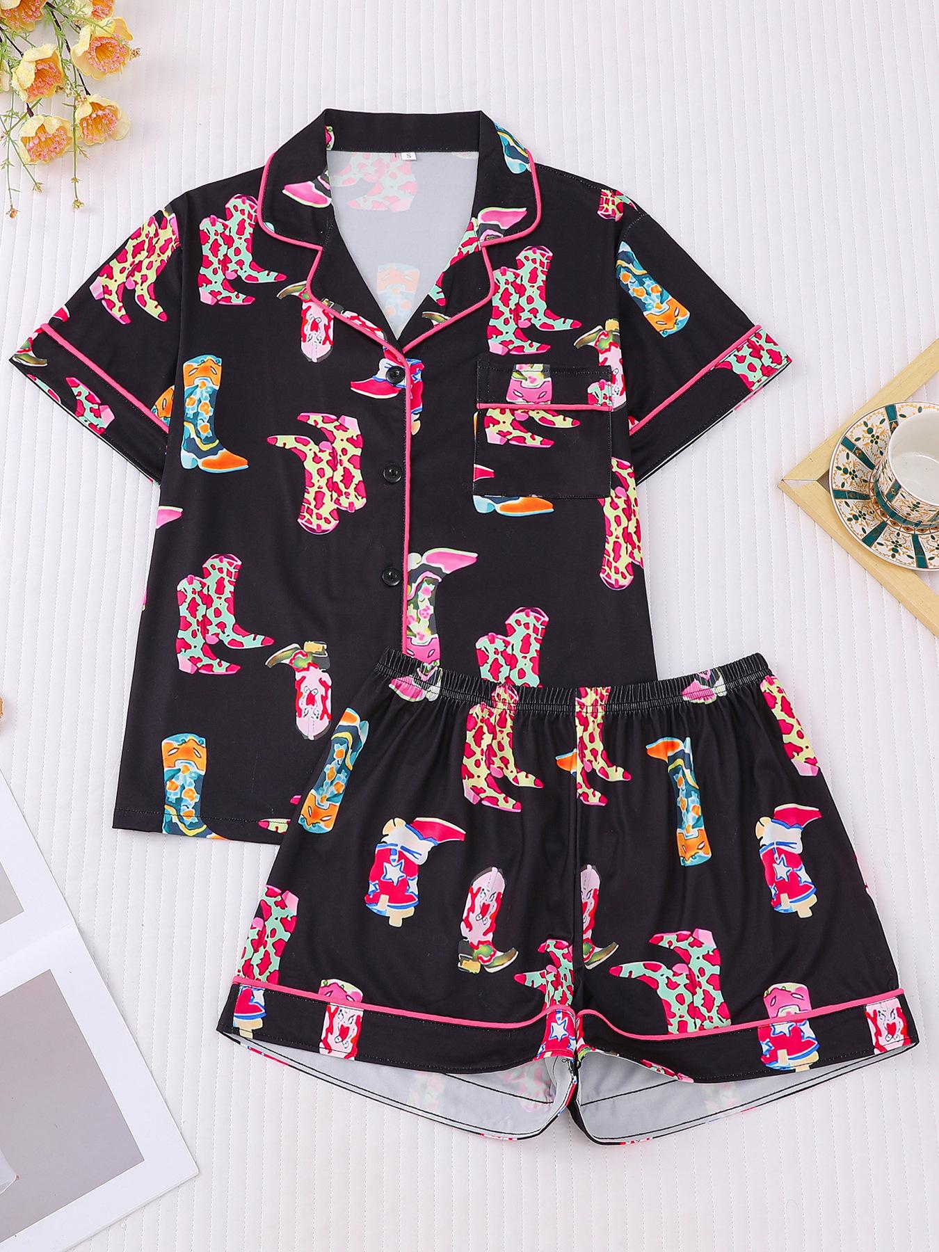 

2025 Лето Европейский и Американский Стиль Принт Отложной Воротник Повседневный Комплект для Дома с Коротким Рукавом и Шортами S