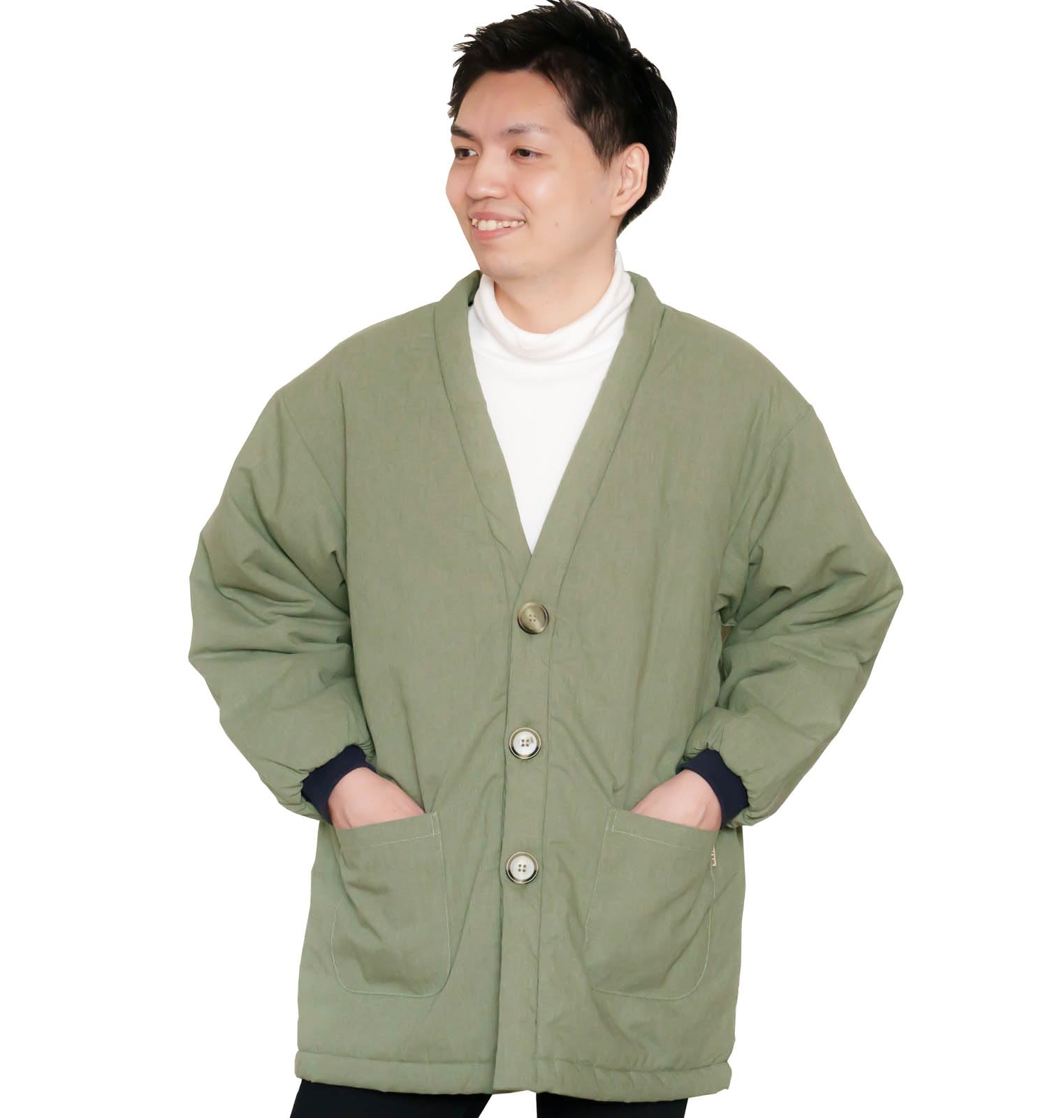 Hanten short with ribbed cuffs and front lightweight winter room jacket Free [Yurakuan] Men s (Japanese coat) buttons, (Light Olive, Size)