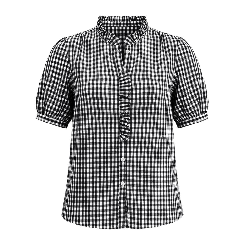 Damska Modna Koszulka T-shirt Top w Kratkę z Dekoltem V na Guziki, Codzienny, Lekki, Krótki Rękaw, z Falbanką