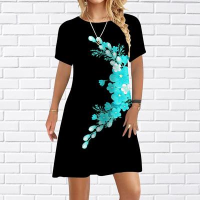 Women Casual Dress Summer Blue Peach Blossom Print Dresses For Women O-neck Short Sleeve Dress Plus Size