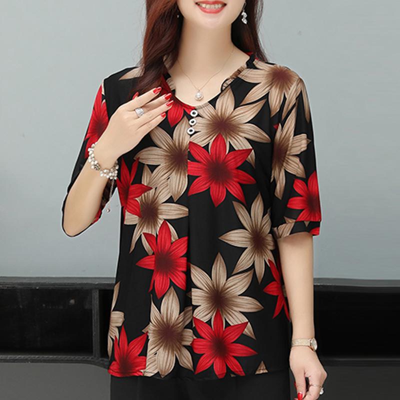 

Літні блузки великих розмірів Жіночі вільні елегантні жіночі сорочки середнього віку Повсякденний літній одяг з піврукавом 7XL