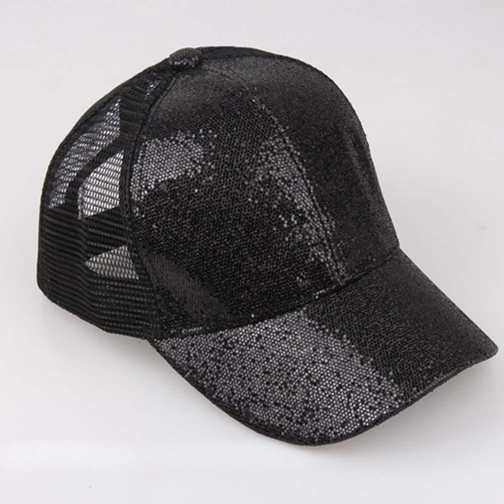 Women Girl Ponytail Baseball Cap Sequins Shiny Messy Bun Snapback Hat Sun Caps
