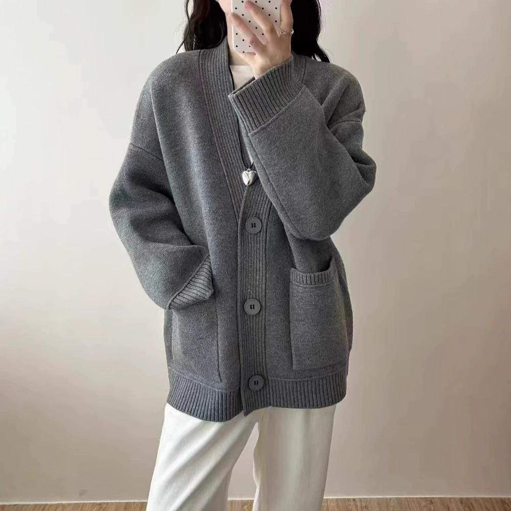 

Lazy wind knitted top autumn retro red temperament v-neck plus size sweater jacket women s cardigan loose average size серый