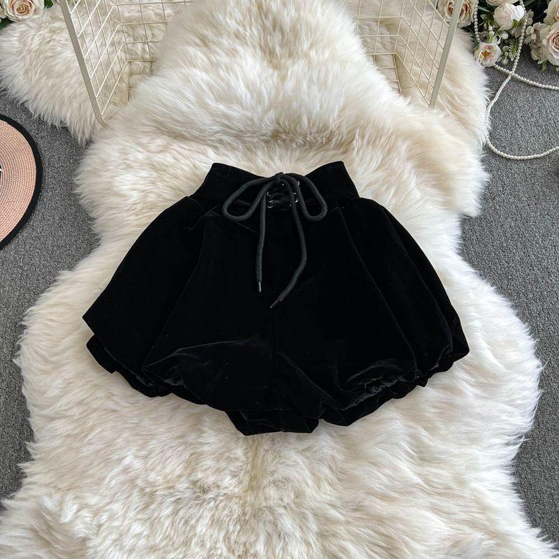 

Easiest for Match High Waist Black Velvet Bloomers for Women 2025 Autumn and Winter New Arrival Sweet Small Bud Puffy Shorts Black S