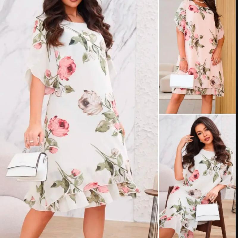 Abito Stampato Chiffon Moda Donna Ampio Girocollo Outfit Estivo