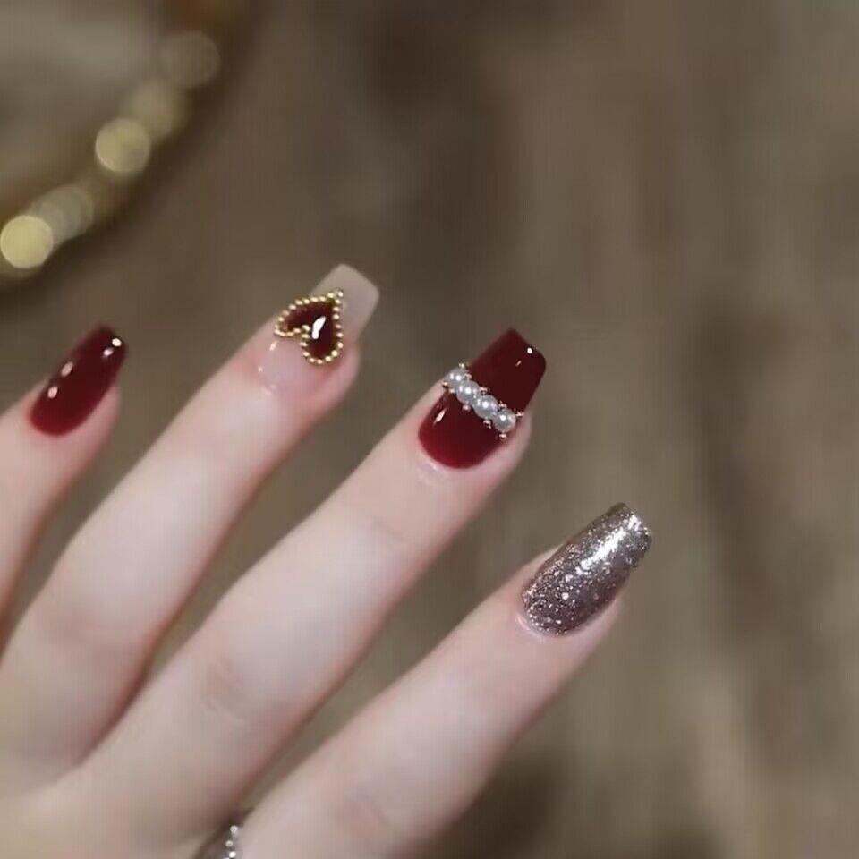 Handmade Wearable Art Tips Flashy Bury French Champagne Rhinestone Nail Stickers Finished Removable Fake Nails