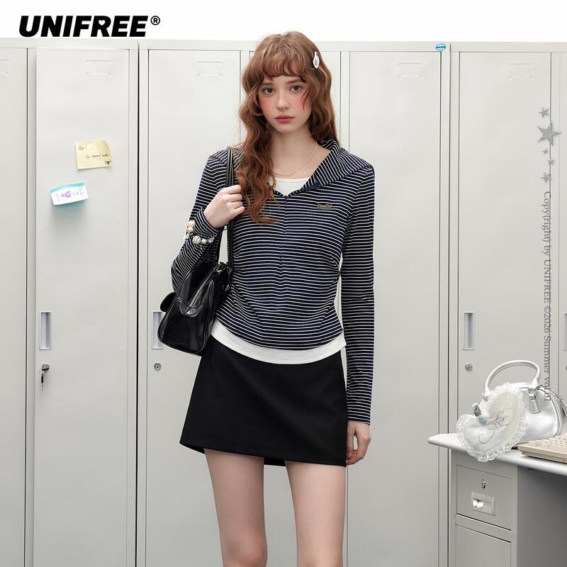 UNIFREE Korean Style Colorblock Stripe Faux Two-Piece Hooded T-Shirt L