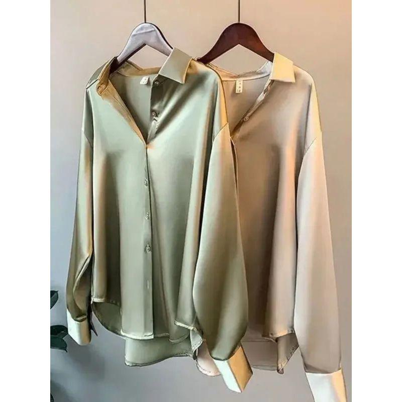 

Retro Solid Color Long Sleeved Satin Shirt Retro Pure Color Satin Shirt white L