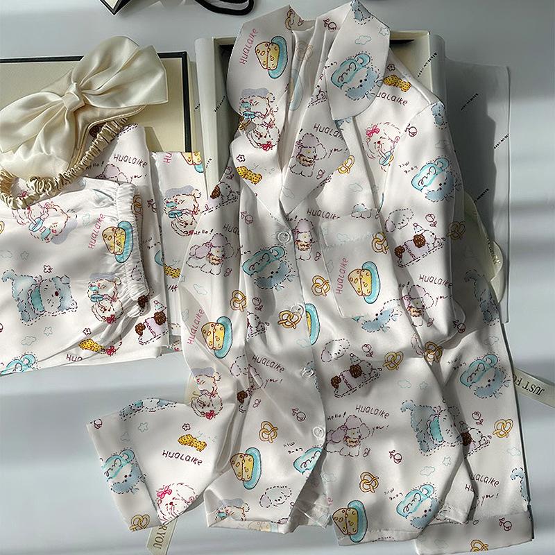 Cute Puppy Ice Silk Pajamas Women'S Age-Reducing Sweet And Thin Loungewear Set