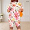 Women Plus Size Round Neck Short Sleeve Floral Printed White Two Piece Fitted Shorts Set