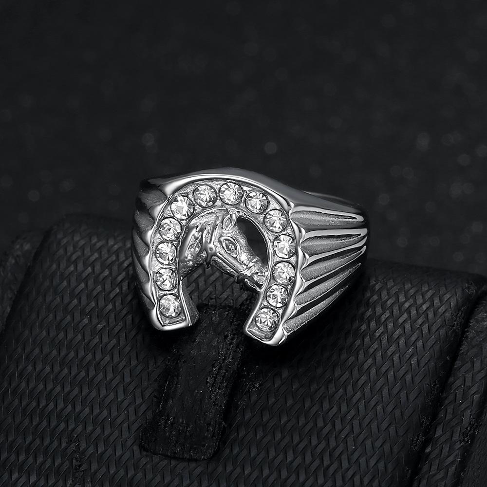 New Hip-Hop Jewelry Titanium Steel Gold-Plated Diamond-Studded Horse Head Men's Ring
