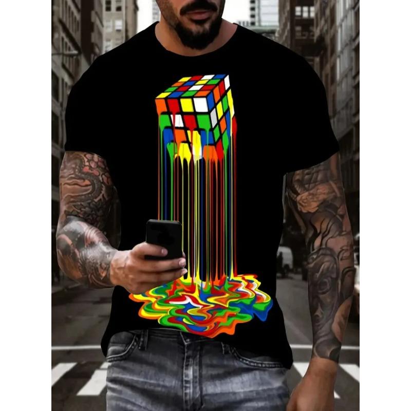 Summer Men Creative Crew-neck Short-sleeved T-shirt Melting Rubik Cube Print Casual Fashion Top Suitable For Outdoor Activities