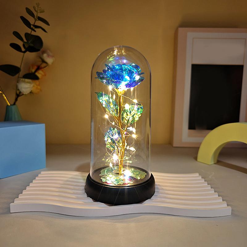 1 Set Light Up Wedding Galaxy Rose Decor Artificial Flowers Led Red Rose Valentine'S Day Gift Rose In Acrylic Cover Stand