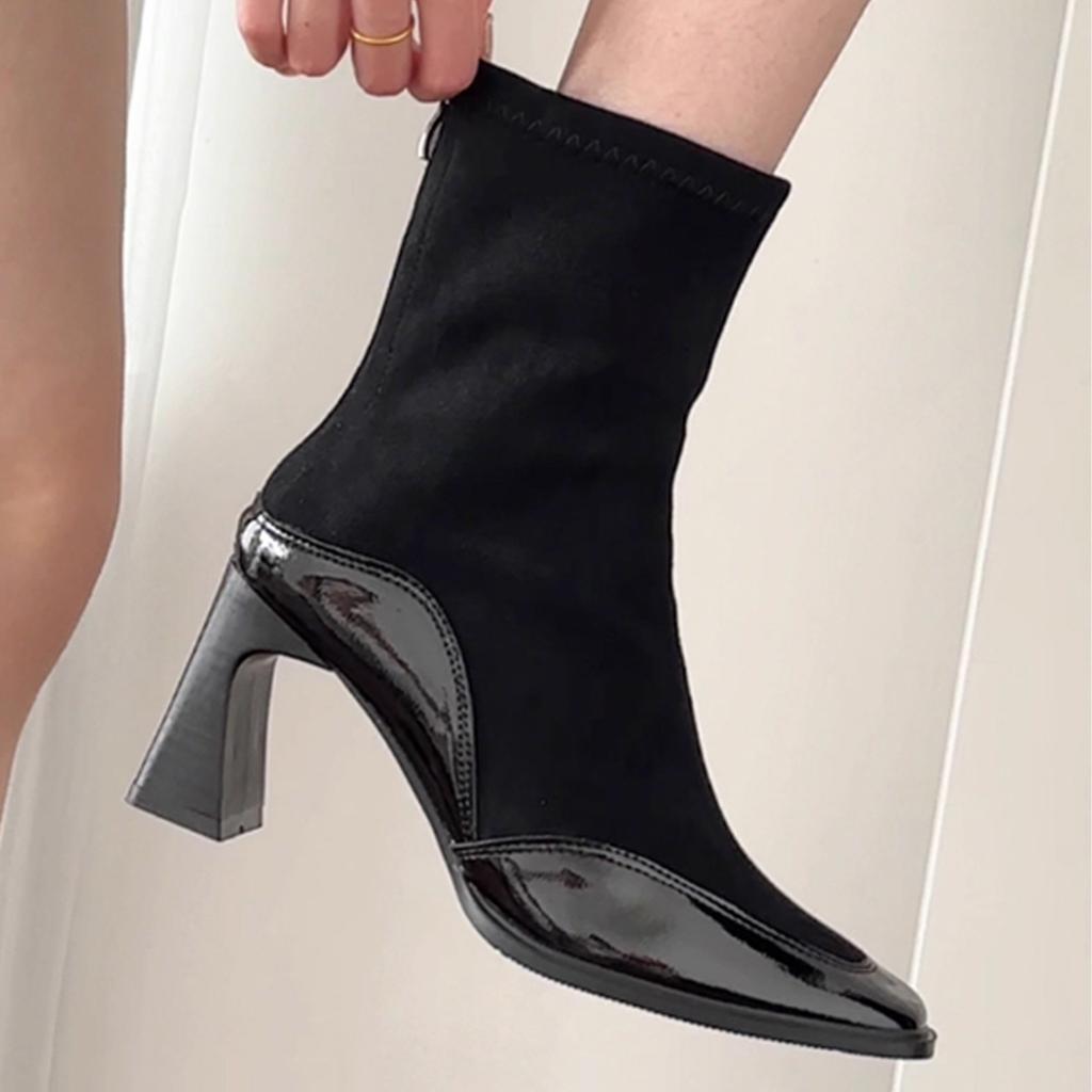 Cowhide Version Autumn and Winter Temperament Elastic Thin Boots High Heel Boots Rear Zipper Fashion Boots Square Head Simple Versatile Short Boots