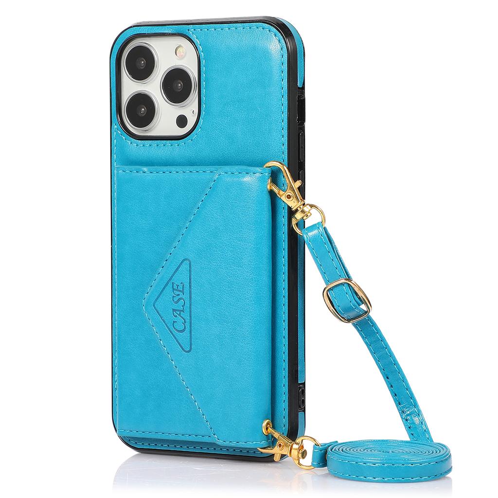 For iPhone 16 Pro Cell Phone Case Triangle Lid Card Bag Leather + TPU Cover with Long Strap