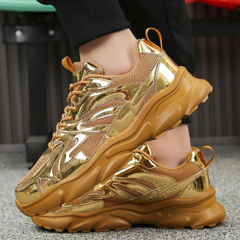 Luksus Gull Sneakers Menn Glansfulle Plattform Fritids Herresko Mote Mesh Lettvekt Treningssko Herresko zapatillas de hombre