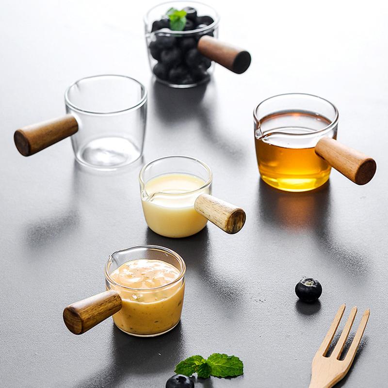 50/100ml Sauce Dish Small Glass Cup Milk Pitcher Espresso Measuring Cup Gravy Boat Dipping Bowl Mini Glass Cup with Wood Handle