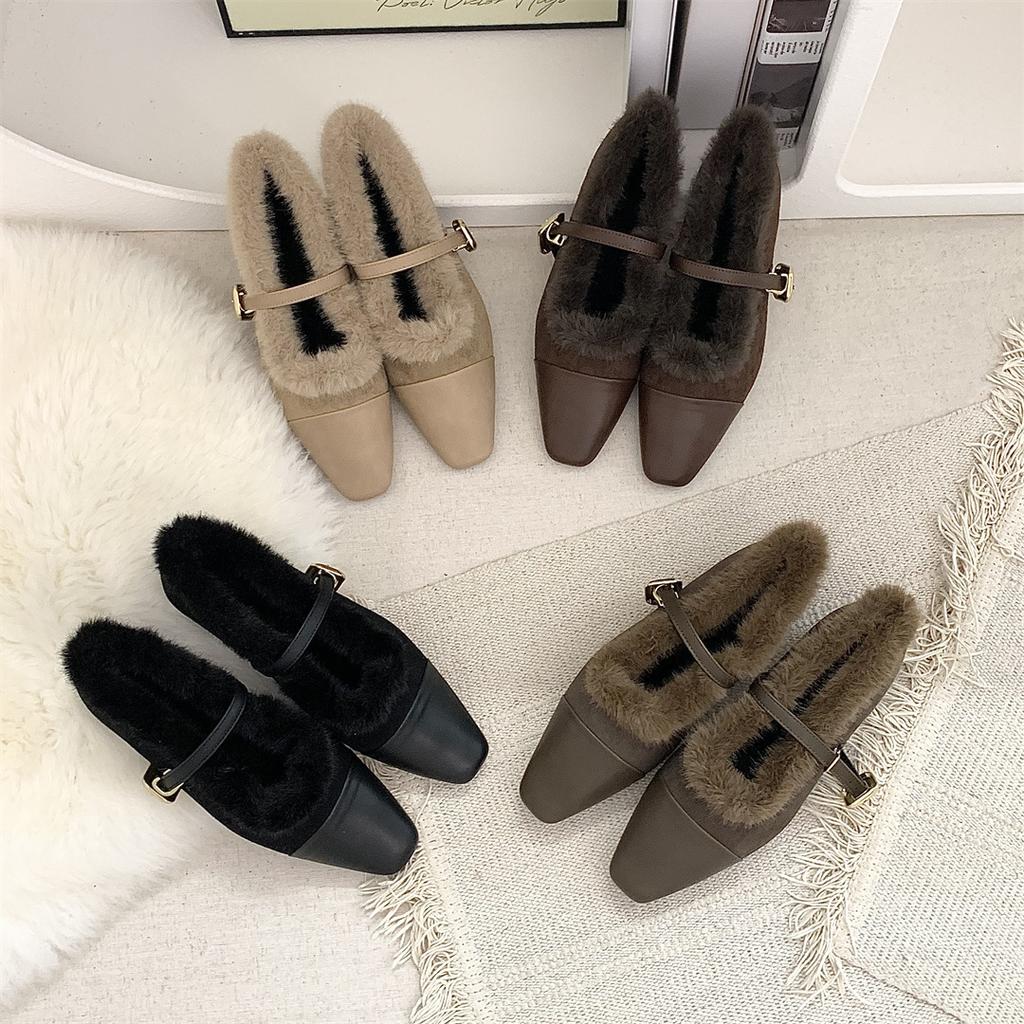 Pantofi francezi de pluș cu toc mic Pantofi Mary Jane singuri Pantofi de damă Sezon Pantofi caldi din bumbac Seara