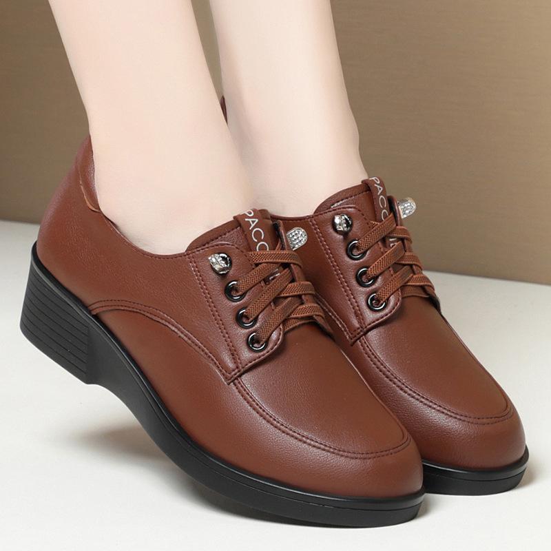 Spring Autumn Fashion New Round Toe Wedges Shoes Women's Solid Color Daily Elegant Comfort Mom's Flats Casual Women Leather Shoe
