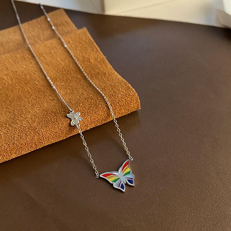 Colorful Butterfly Pendant Necklace, Women's Versatile Titanium Steel Accessory