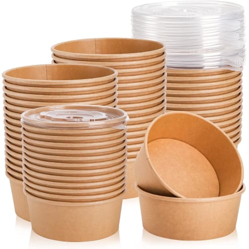 Lyellfe 50-Pack Kraft Paper Bowls with Lids, 25 oz. Disposable Soup Serving Bowls, 100% Biodegradable Salad Bowls, On-the-Go Food Containers for Party