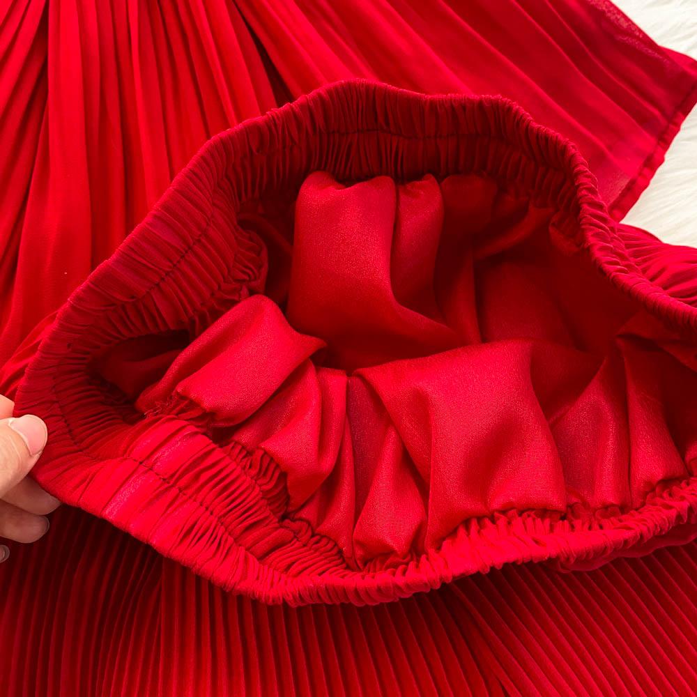 Spring Summer Women Pleated Two Piece Set Elegant V-Neck Draped Chiffon Blouse + High Waist Wide Leg Pants 2Pcs Suit Female New