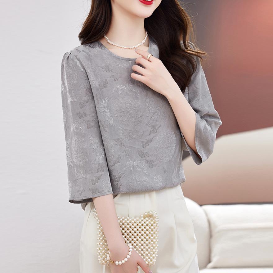 Silk Jacquard Shirt Women's Spring and  New Temperament Large Size Loose Inner with Versatile Mulberry Silk Top
