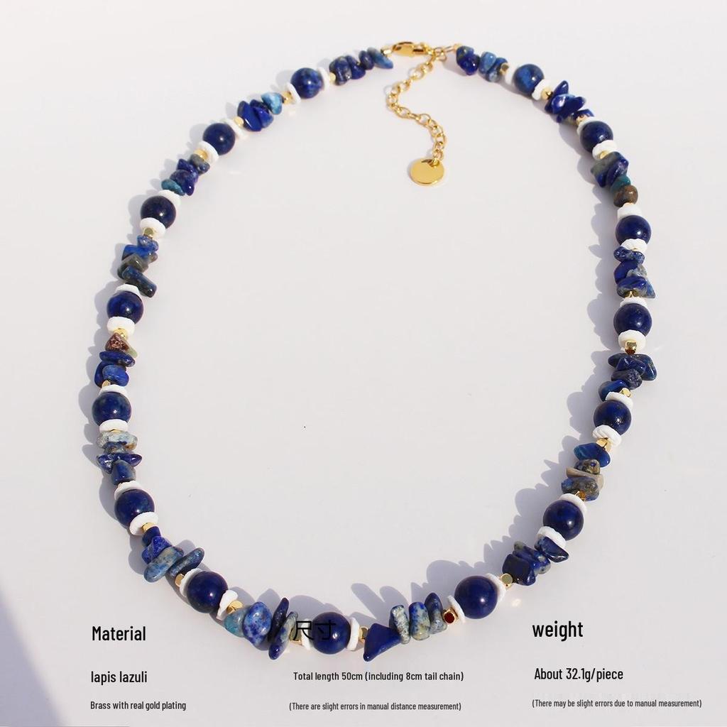 European-American Niche Design Lapis Lazuli Shell Beaded Necklace: Spotted Stone Round Bead Clavicle Chain, Vacation Style