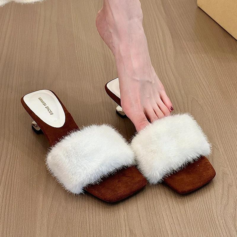 

2026 New Fur Women Slippers Square Toe Shoes Elegant High Heels Woman Pumps Winter Designer Sexy Dress Party Shoes Mujer Botas 35 білий