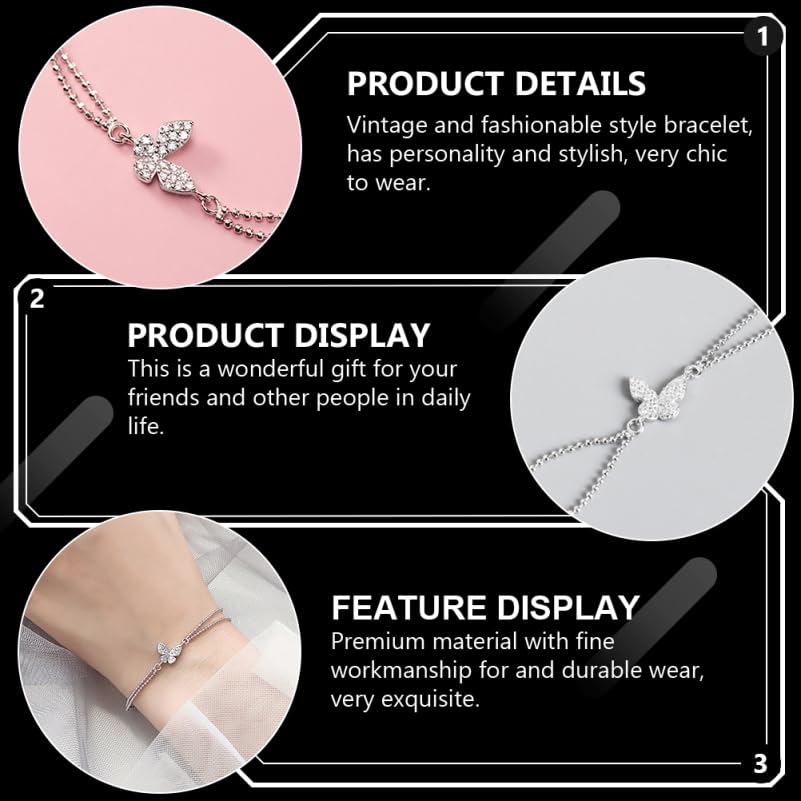 TENDYCOCO Butterfly Bracelet, Double Chain, 925 Sterling Silver, Women's, Cute, Simple, Adjustable, Stackable