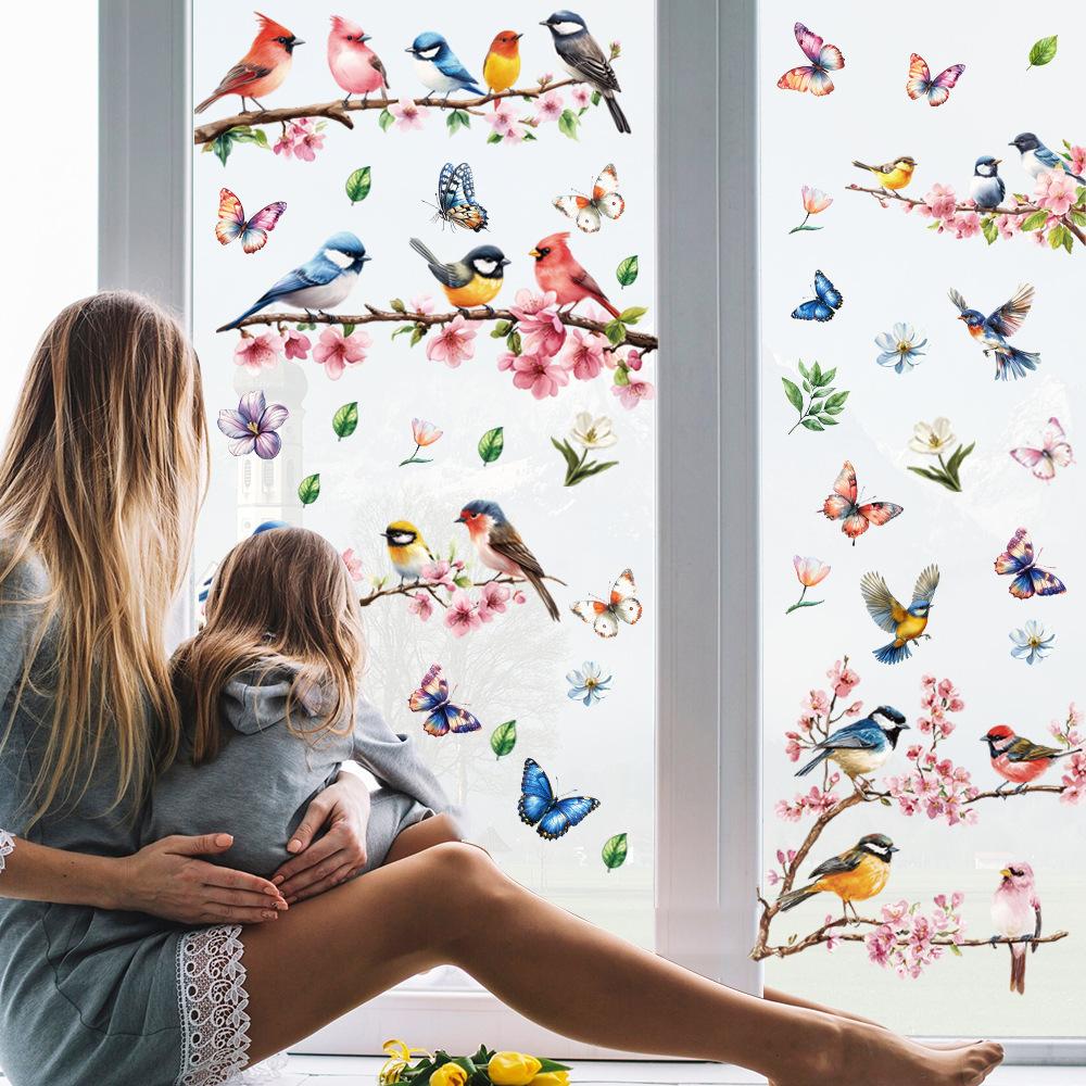 Frühlingsfensteraufkleber PVC statischer Aufkleber Kirschblüte Vogel Design für Wohnzimmer Fensterdekoration Glasaufkleber