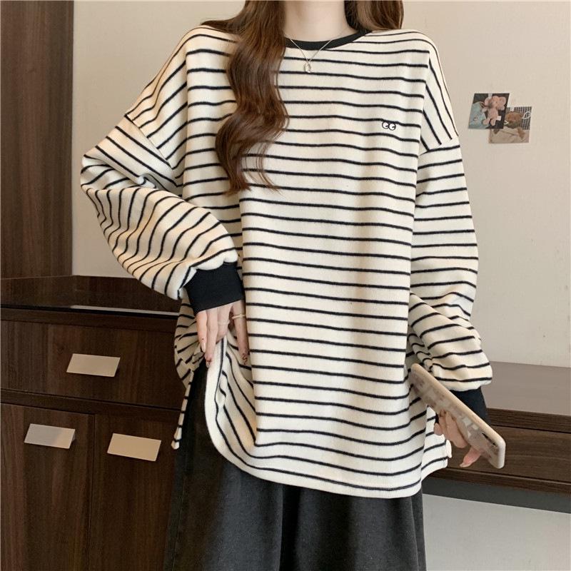 

Женский полосатый топ с длинным рукавом из немецкого бархата - средней длины, свободного кроя, для осени/зимы M белый