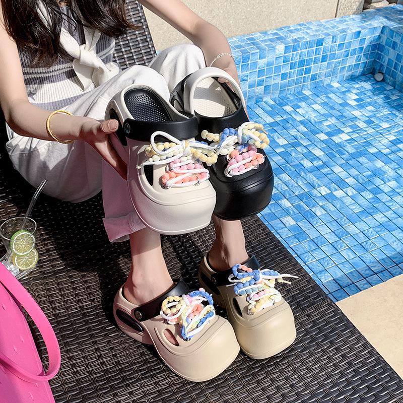 Dopamine Bow Thick-soled Stepping On Shit Hole Shoes Women's 2025 New Spring and Summer Outer Wear Bag Head Beach Cool Slippers