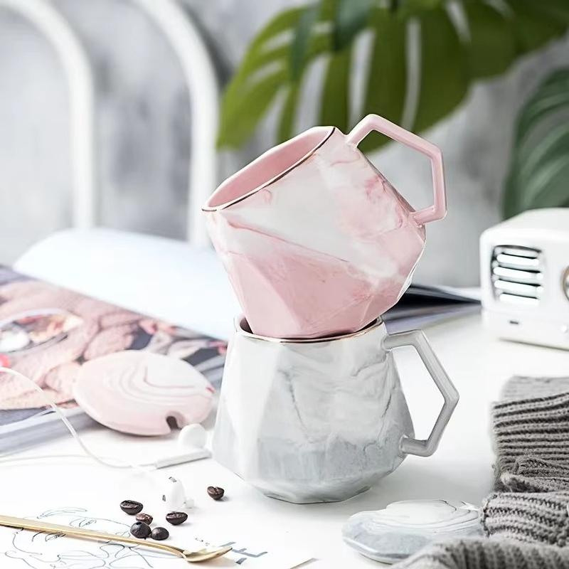 400ML Marbled Ceramic Mug Diamond Cup with Gift Box Lid Spoon Couple Coffee Cup Home Breakfast Oatmeal Milk Cup Valentines Gift