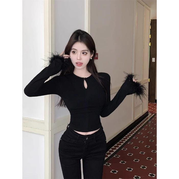 Women's White Round Neck Patchwork Fur T-Shirt, Spring Hollow-Out Base Layer